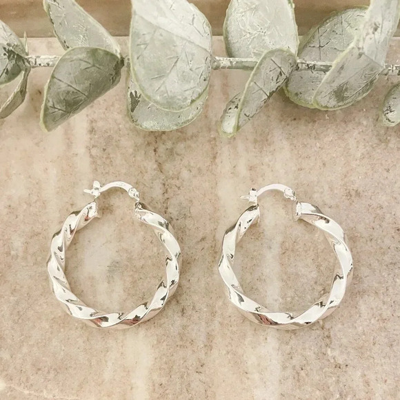 925 Sterling Silver Chunky Hoop Earrings Small Hoops Twist Spiral Hoop Earrings - Picture 1 of 6